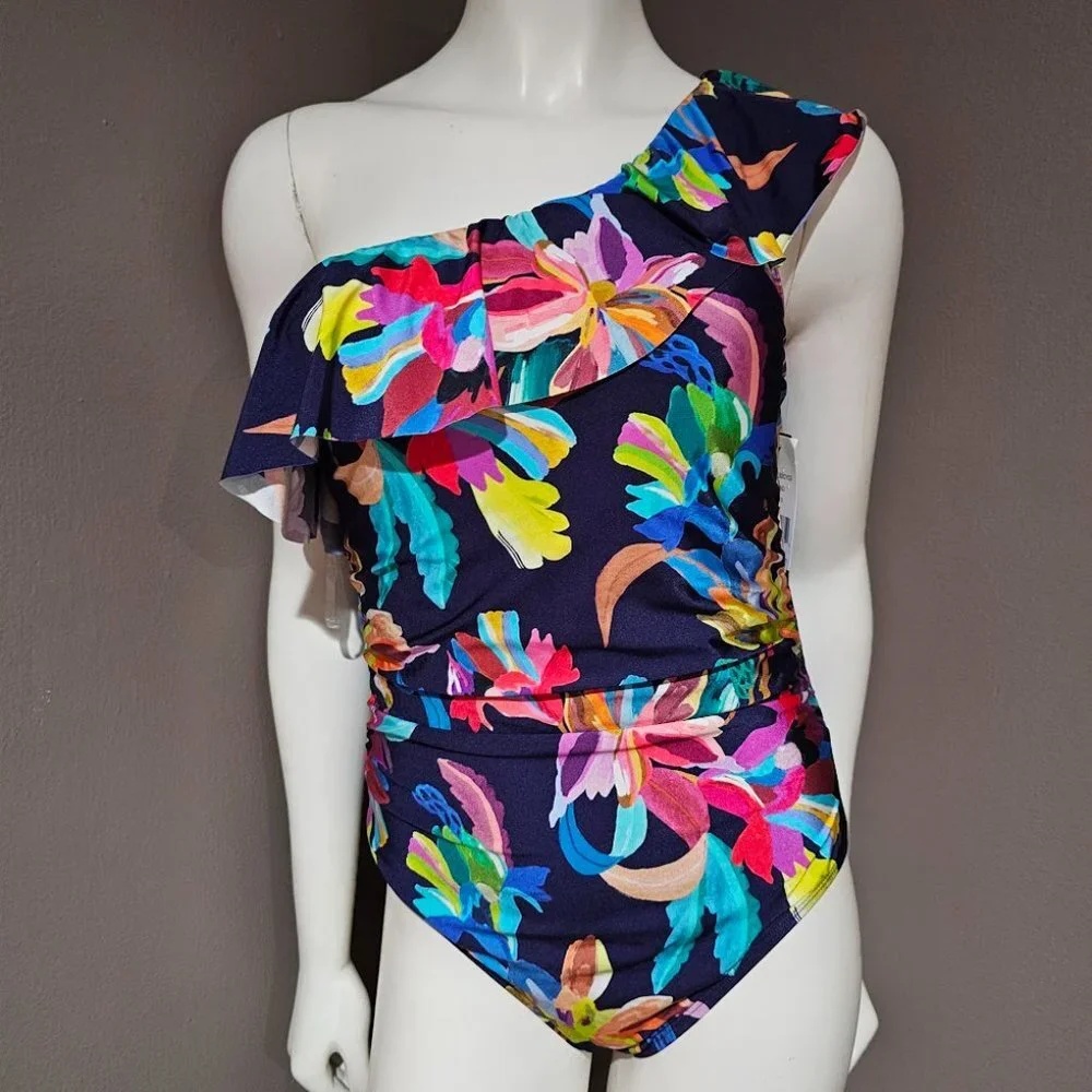 La Blanca Ruffled One-Shoulder One-Piece Swimsuit Size 10 - Picture 2 of 9